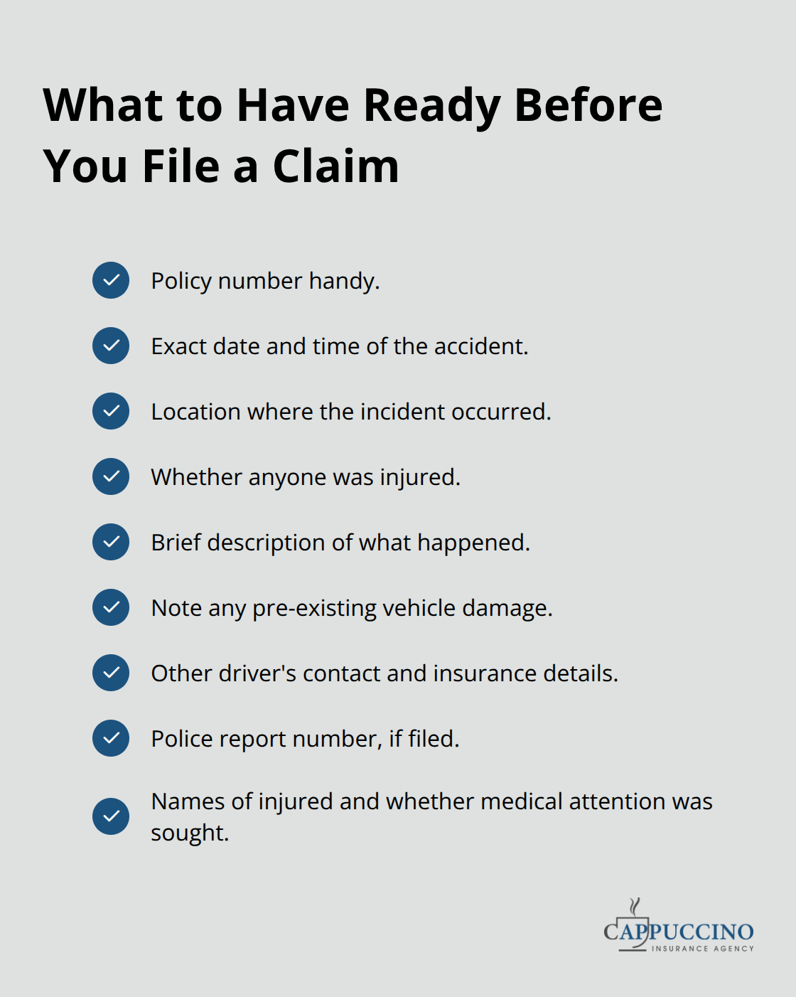 Checklist of key details to prepare before filing an auto claim at night. - 24/7 auto claims support
