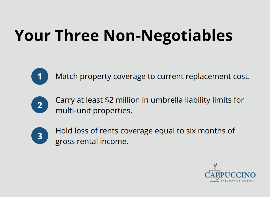 Compact list summarizing the three essential coverages for California apartment buildings.
