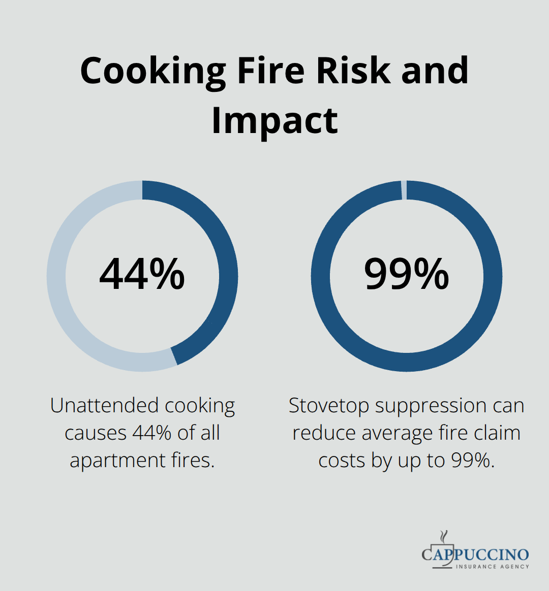 Percentage chart highlighting the share of apartment fires from unattended cooking and the potential reduction from suppression devices.