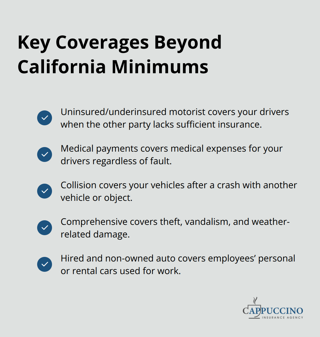 Checklist of essential commercial auto coverages that extend protection beyond California’s legal minimums