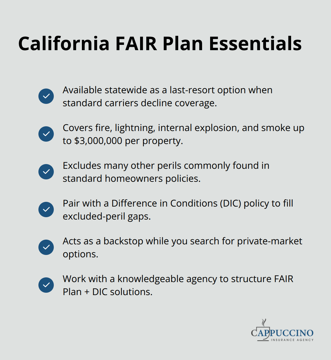 Checkmark list summarizing key FAIR Plan facts and how to restore broader coverage. - California homeowners insurance
