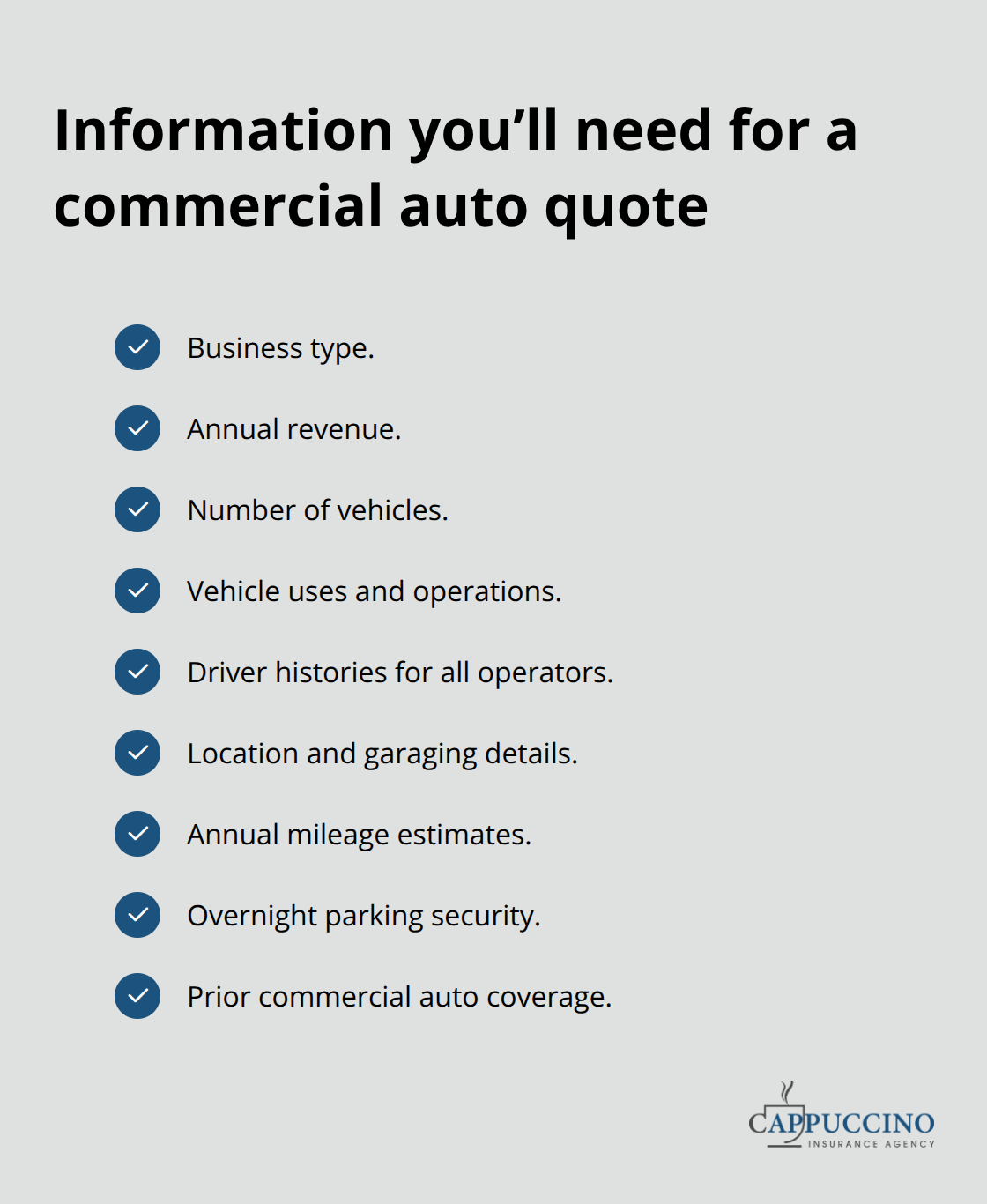 Checklist of data carriers request for U.S. commercial auto insurance quotes