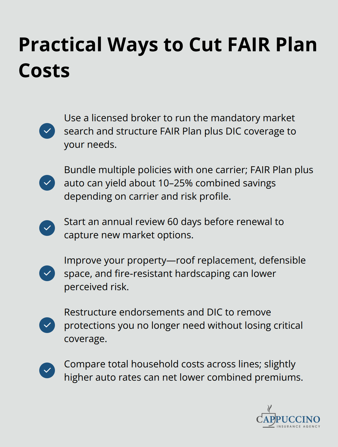 Checklist of actions to reduce FAIR Plan premiums while maintaining coverage. - High risk property California