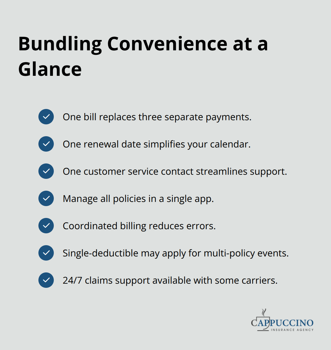 Checklist of key convenience benefits from bundling home, auto, and life policies.