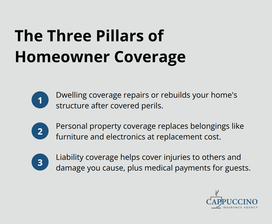 Compact list summarizing dwelling, personal property, and liability coverage in a U.S. homeowner policy - Homeowner coverage 24/7 support
