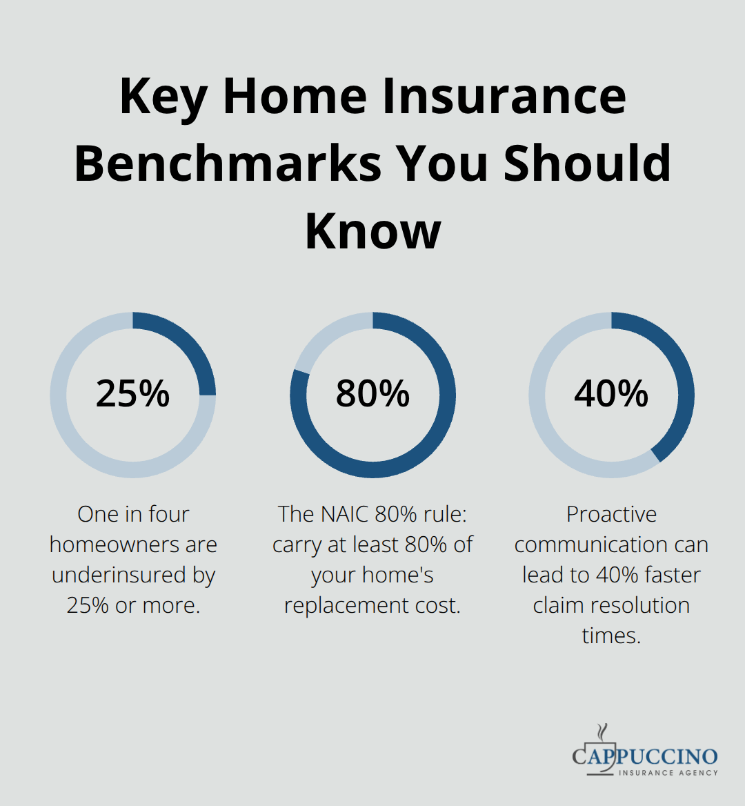 Percentage chart highlighting underinsurance rate, the 80% rule, and faster claim resolution with proactive communication - Homeowner coverage 24/7 support
