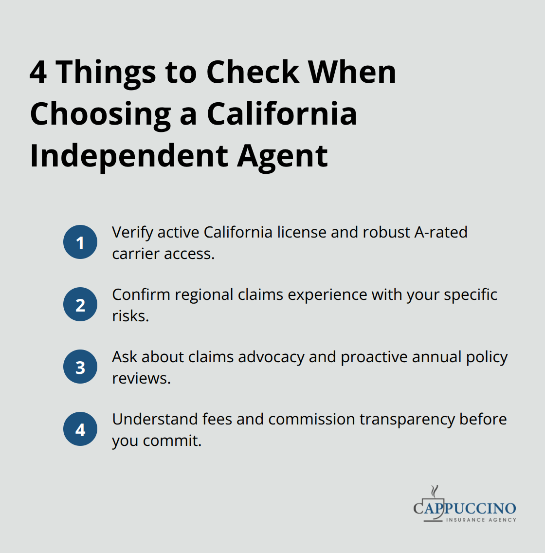 Compact checklist of four factors to evaluate when selecting an independent insurance agent in California