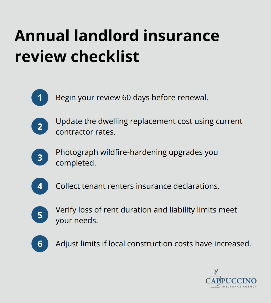 Compact checklist for landlords to review their policy before renewal. - Landlord insurance California