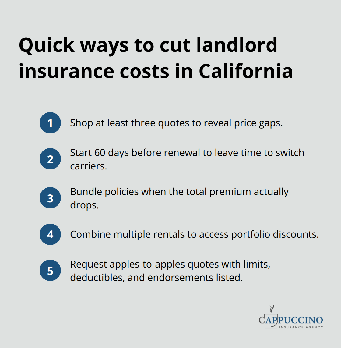 Compact checklist of steps to compare carriers and reduce premiums - Landlord property insurance requirements