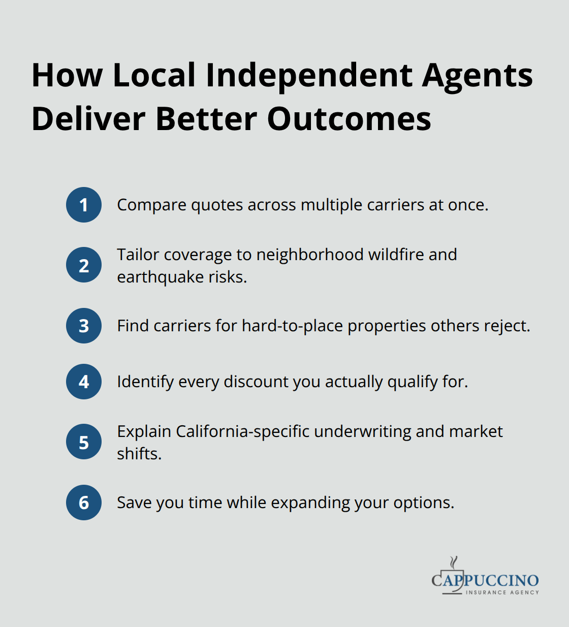 Compact list showing ways California local independent agents outperform national companies - Local insurance expert California