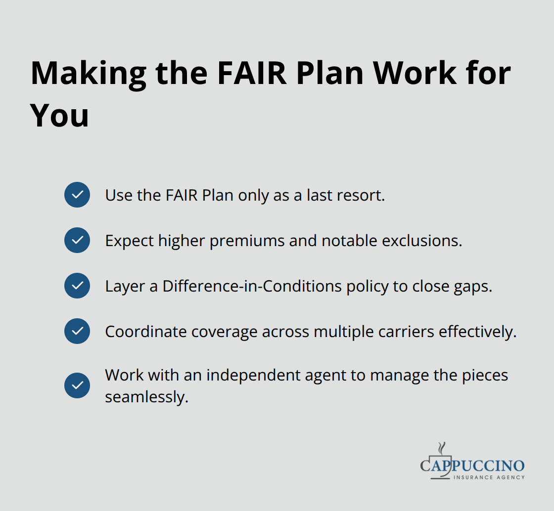 Checkmark list summarizing FAIR Plan limits and how local agents layer coverage in California