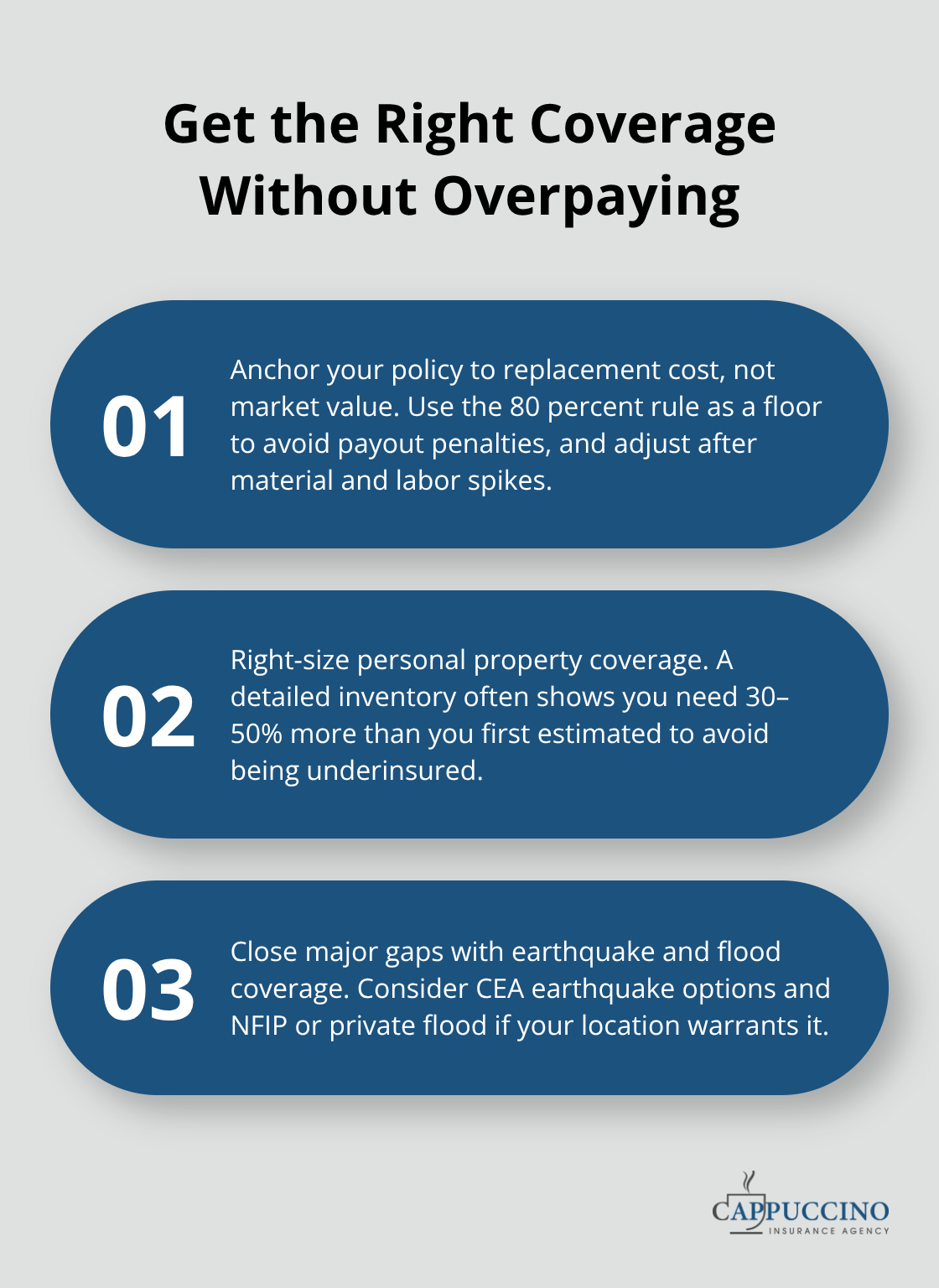 Three key steps to right-size coverage and avoid gaps for California homeowners. - Low premium California homeowners