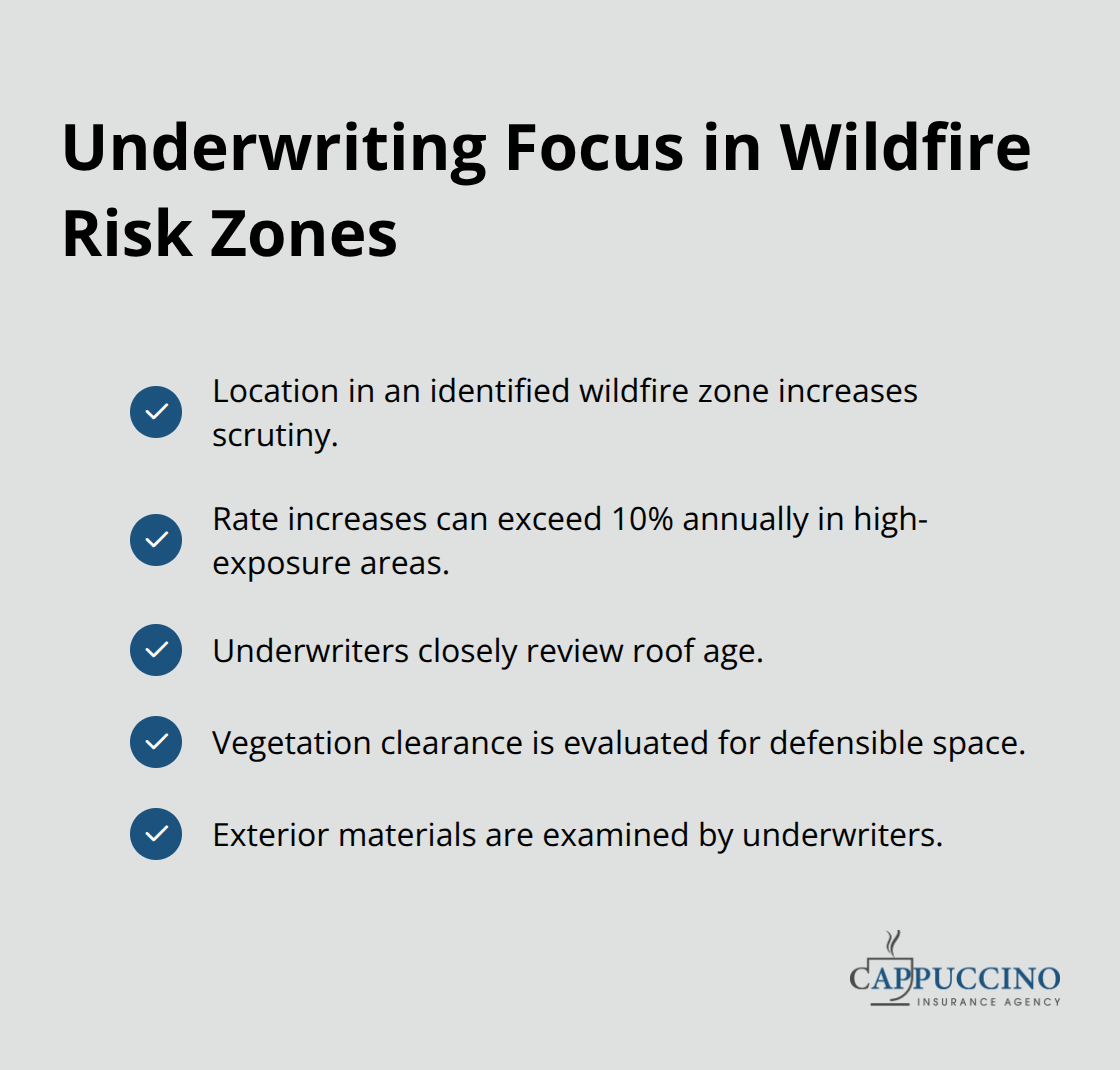 Checklist of factors underwriters review for properties in California wildfire zones. - Property owner insurance California