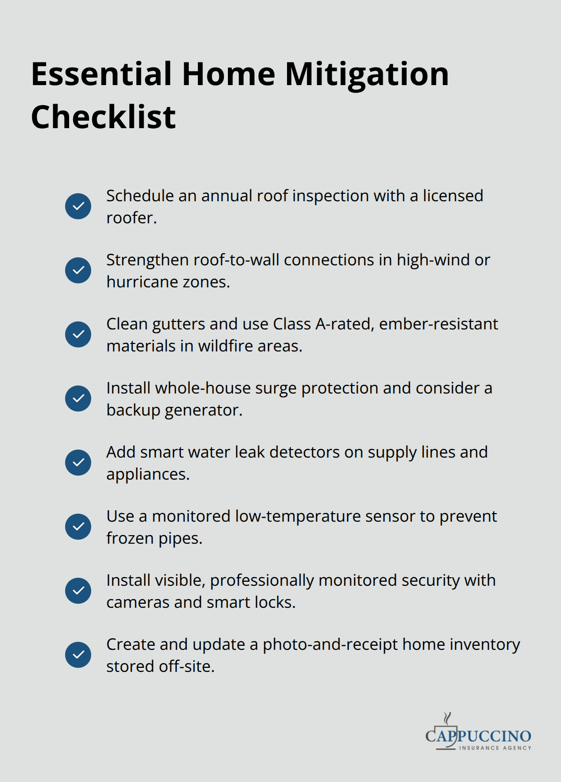 Checklist of practical mitigation steps to reduce home risks and losses - Risk mitigation for homeowners