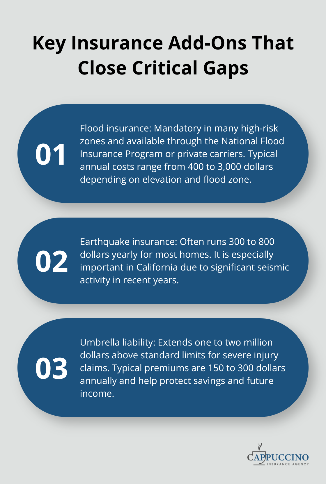 Three essential insurance add-ons with typical annual costs and benefits - Risk mitigation for homeowners