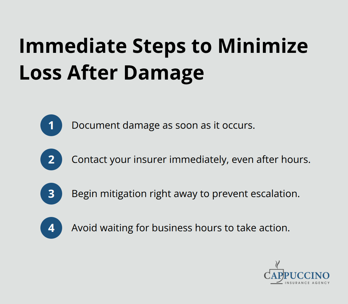 Compact list of immediate actions homeowners should take to prevent escalating damage